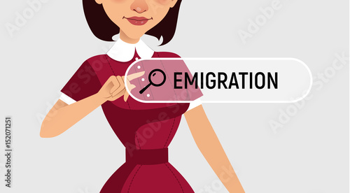 Woman is written EMIGRATION in search bar on virtual screen.