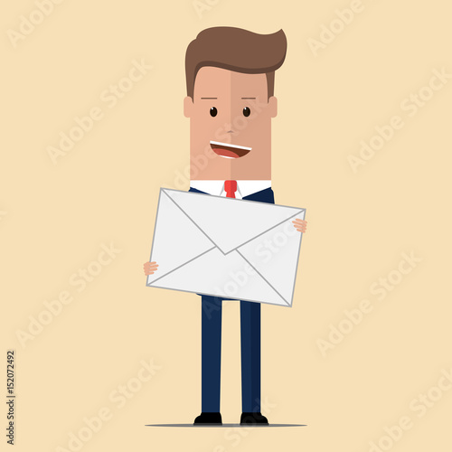 Businessman standing with a letter in his hands. Vector illustration