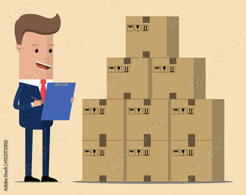 Concept logistics business. Businessman, manager or logistic stands near boxes. Vector, illustration