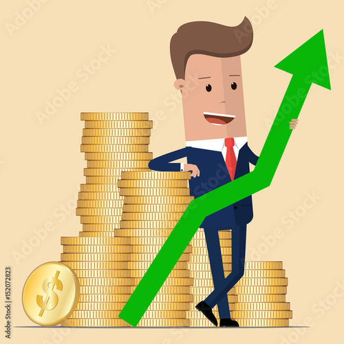 Businessman standing next to a stack of gold coins and holding a green up arrow. Vector, illustration
