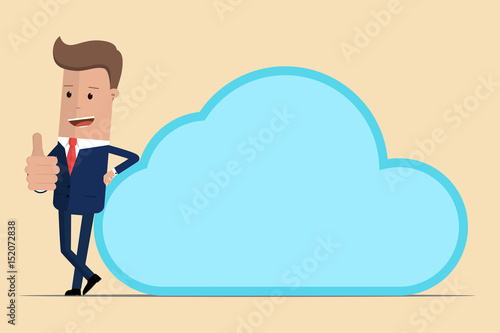 Businessman standing near to a cloud. Cloud computing concept. vector illustration