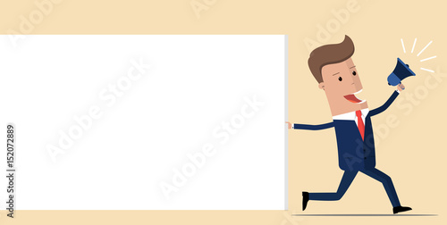 A running businessman with a megaphone pulls a banner. Vector illustration