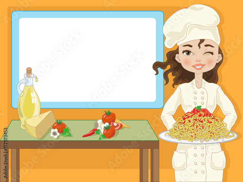 Woman chef with spaghetti and  table with  ingredients and sign for text