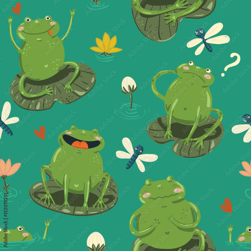 Fototapeta premium Seamless pattern with cute hand-draw frogs, watterlilly, heartsand dragonflies on cartoon style on blue background. Vector children illustration.