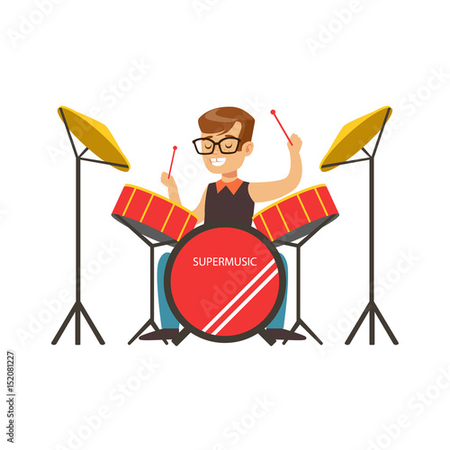 Little boy playing drums, little drummer. Colorful character vector Illustratio