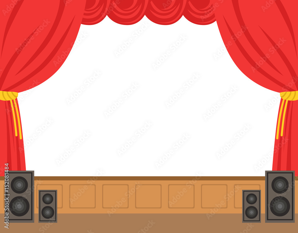 Theater stage with opened red curtain. Colorful cartoon character