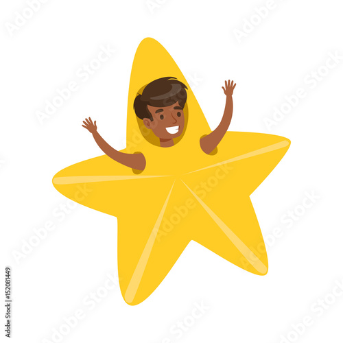 Smiling little boy dressed as an yellow star, performing in theatrical show. Colorful cartoon character vector Illustration