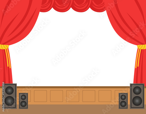 Theater stage with opened red curtain. Colorful cartoon character vector Illustration