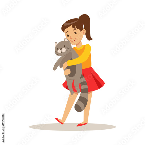 Cute girl holding a gray cat on her hands. Colorful cartoon character vector Illustration
