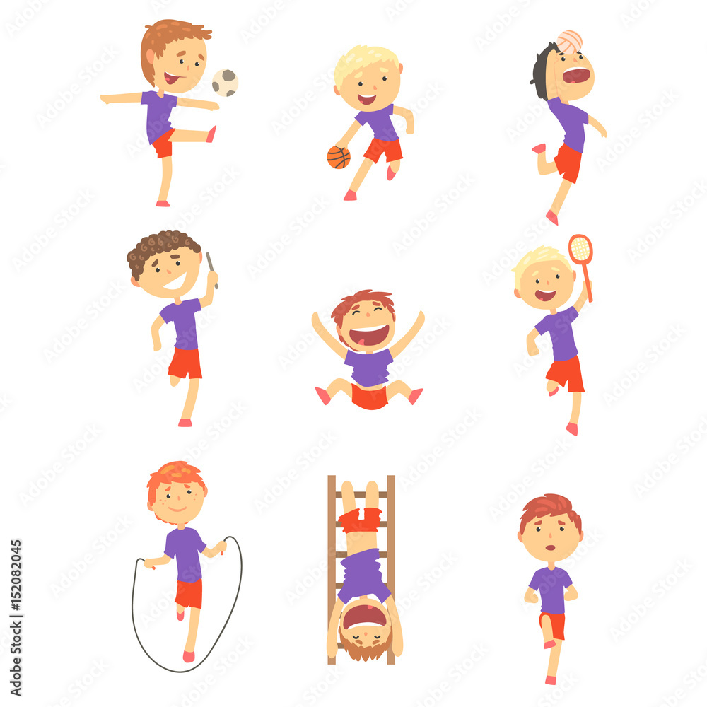 Cute happy boys doing sports set. Activity kids playing colorful cartoon Illustrations Cute happy boys doing sports set. Activity kids playing colorful cartoon Illustrations
