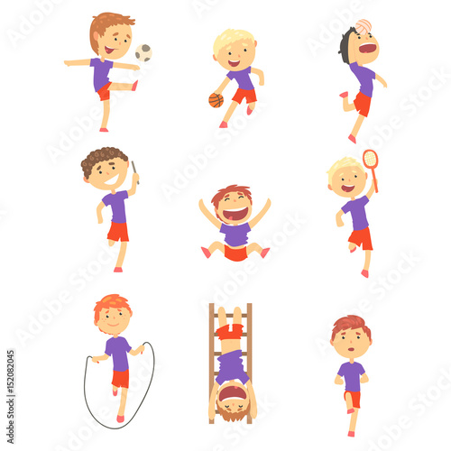 Cute happy boys doing sports set. Activity kids playing colorful cartoon Illustrations