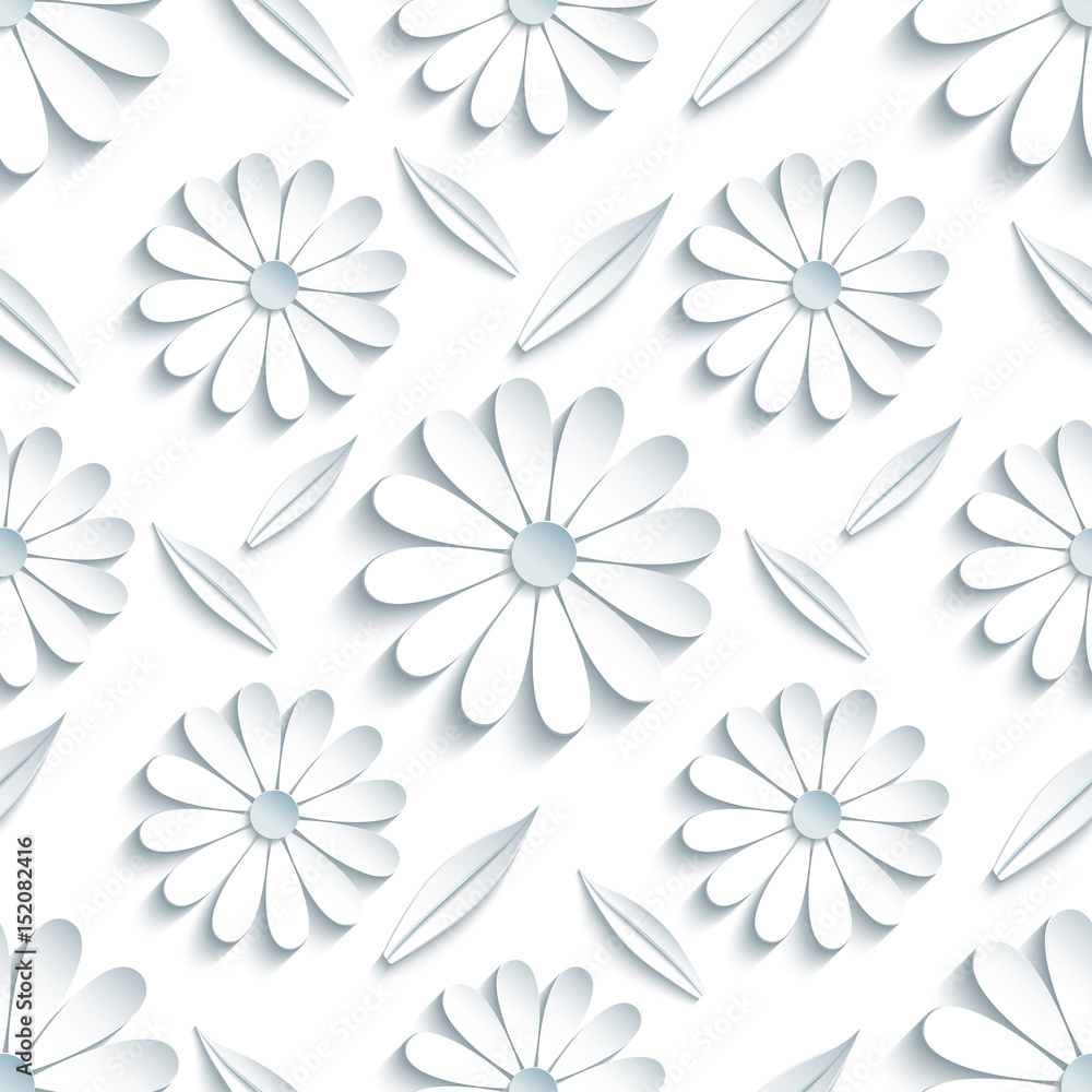 Seamless pattern with 3d chamomille and leaf