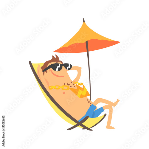 Happy cartoon man sunbathing on a lounger with umbrella. Colorful character vector Illustration