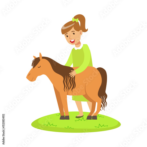 Happy cute little girl standing and petting a little pony outdoor. Colorful cartoon character vector Illustration