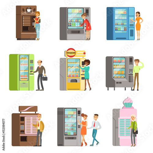 Consumers standing near vending machine and going to buy a drinks and food. Set of colorful cartoon detailed vector Illustrations