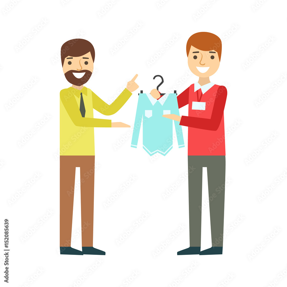 Man choosing shirt during apparel shopping at clothing store, colorful vector illustration