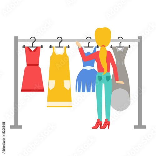 Woman choosing dresses during shopping or being in wardroom at home, shopping center or store, colorful vector illustration photo