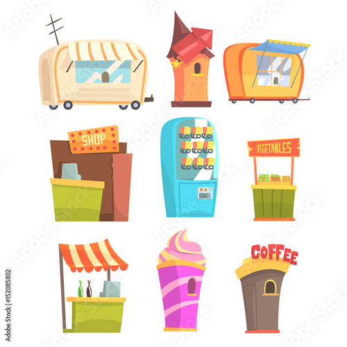 Fair And Market Street Food And Shop Kiosks, Small Temporary Stands For Sellers Series Of Cartoon Illustrations