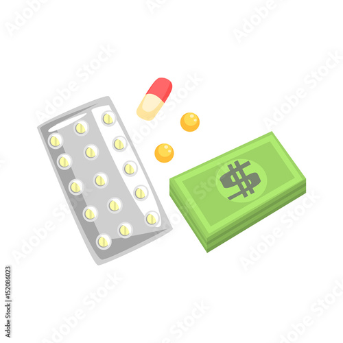 Pills, capsules of medicament and money. Colorful cartoon Illustration