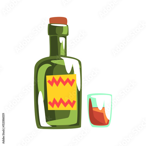 Whiskey bottle and glass. Colorful cartoon Illustration