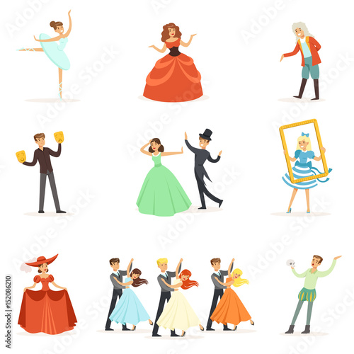 Classic Theater And Artistic Theatrical Performances Series Of Illustrations With Opera, Ballet And Drama Performers On Stage