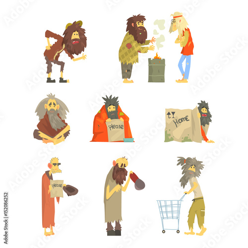 Set of homeless people, characters in dirty torn clothes. Unemployment and homeless issues cartoon vector Illustrations