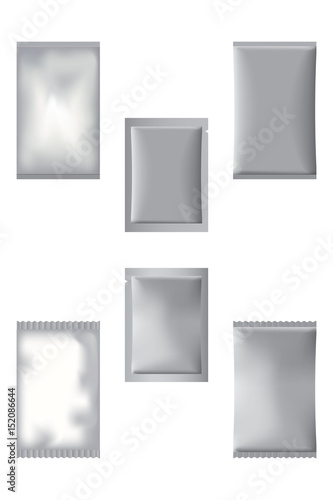 3d photorealistic set of sachet bags. Six full silver sachets for design.