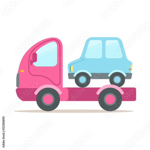 Pink tow truck, service of evacuation colorful cartoon vector Illustration