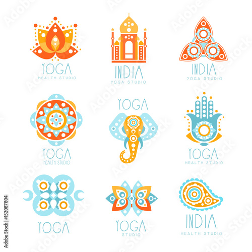 Yoga studio labels set, stylized famous spiritual Indian symbols, colorful vector Illustrations