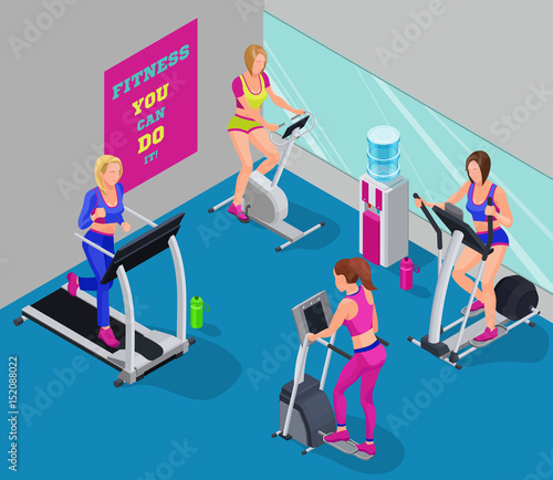 Isometric illustration fitness cardio workout with girls running elliptical machine, stepper, bicycle, good for sport infographics
