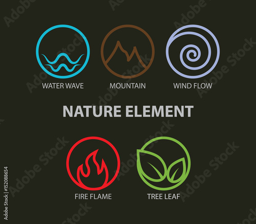 Nature elements logo. Water, Fire, Earth, Air. Infographic elements on dark background. Alternative energy sources. nature line logo. Eco logo
