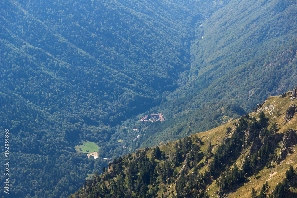 Amazing Panorama of Green hills and Rila monastery, Bulgaria