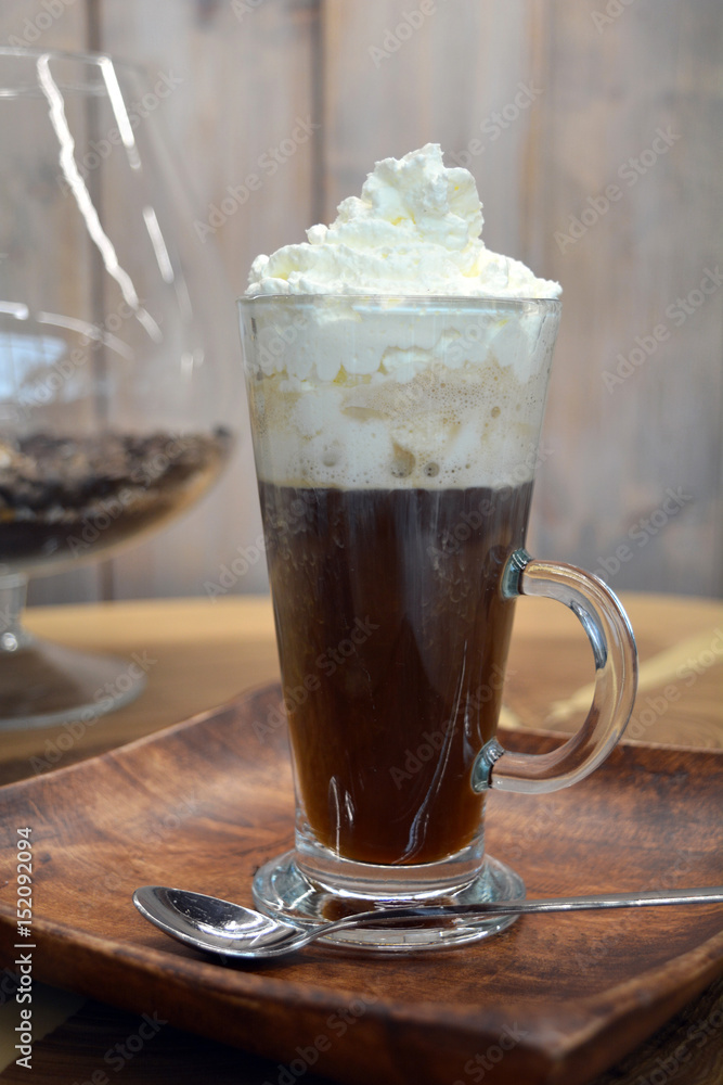 Delicious Hot Viennese Coffee On Glass Cup With Whipped Cream.