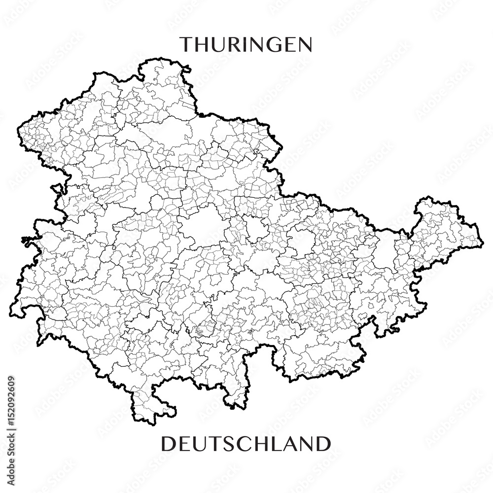 Detailed map of the Free State of Thuringia (Germany) with borders of municipalities, municipalities associations, districts, and state. Vector illustration