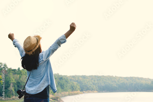 Hipster women travel in nature concept backpacker on holiday