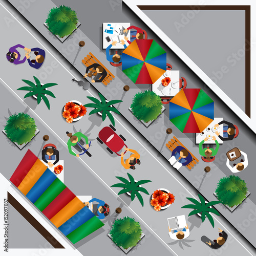Pedestrianized street. A cafe. View from above. Vector illustration.