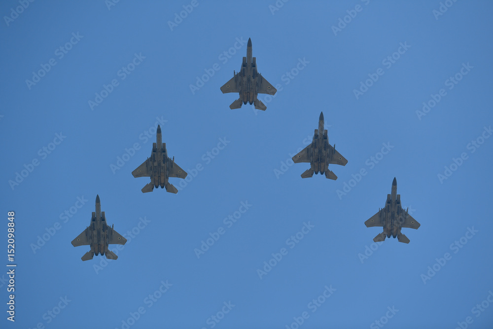 Synchronized flight of 5 military aircraft's F-15 in the team during Israeli 69st independent day