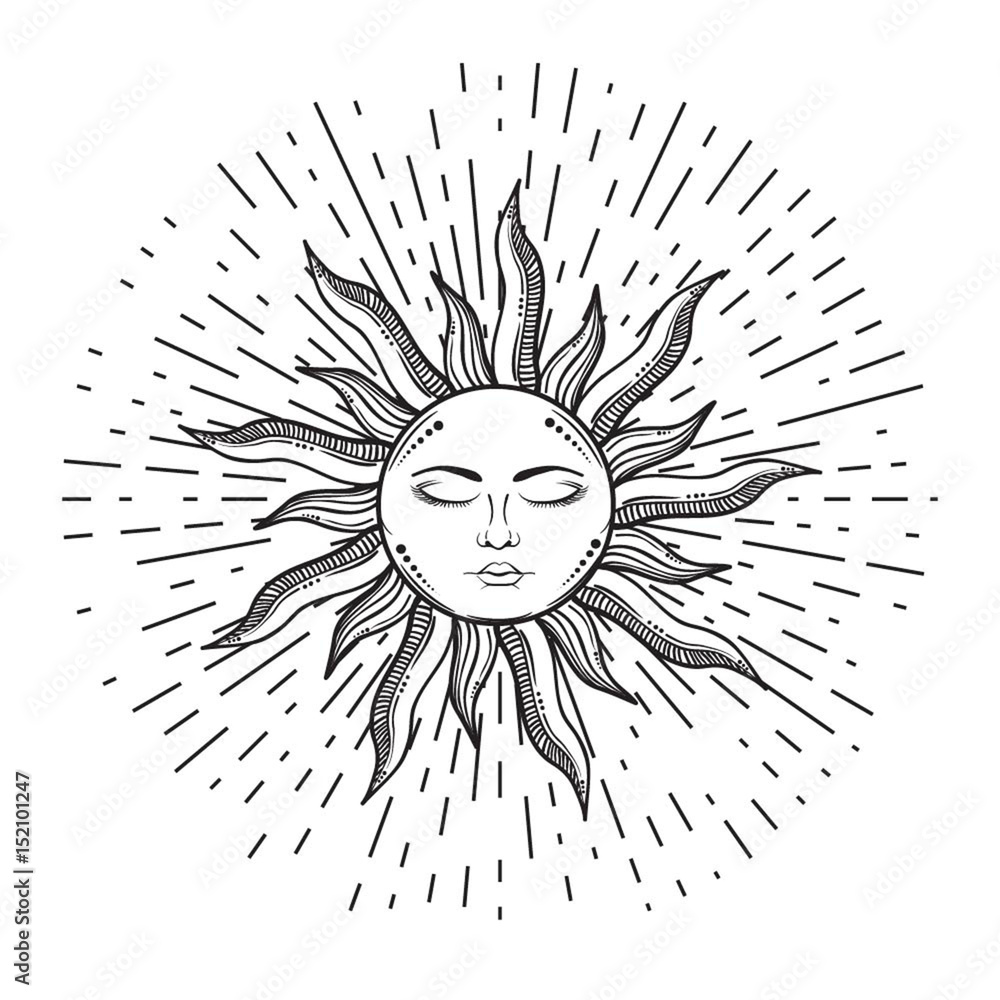 Beautiful elegant sun face symbol Tattoo design.Vector illustration. Alchemy symbol Stock Vector