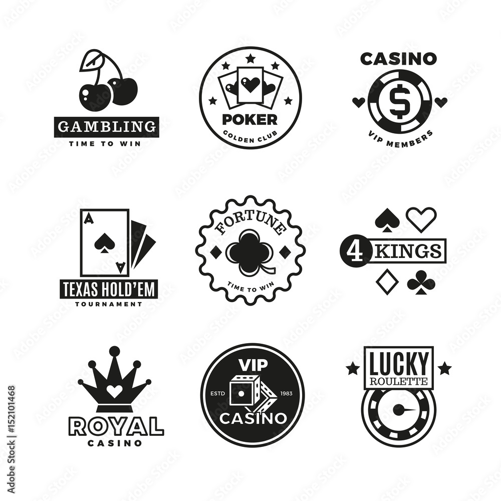 Vintage gambling, casino, poker royal tournament, roulette vector labels, emblems, logos and badges
