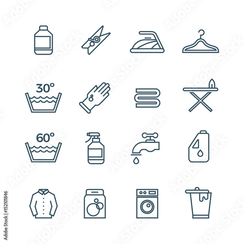 Clean laundry and dryer service vector line icons