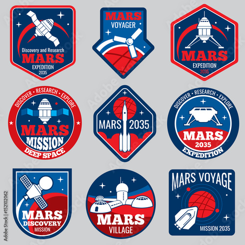 Mars colonization vector retro space logos and labels set