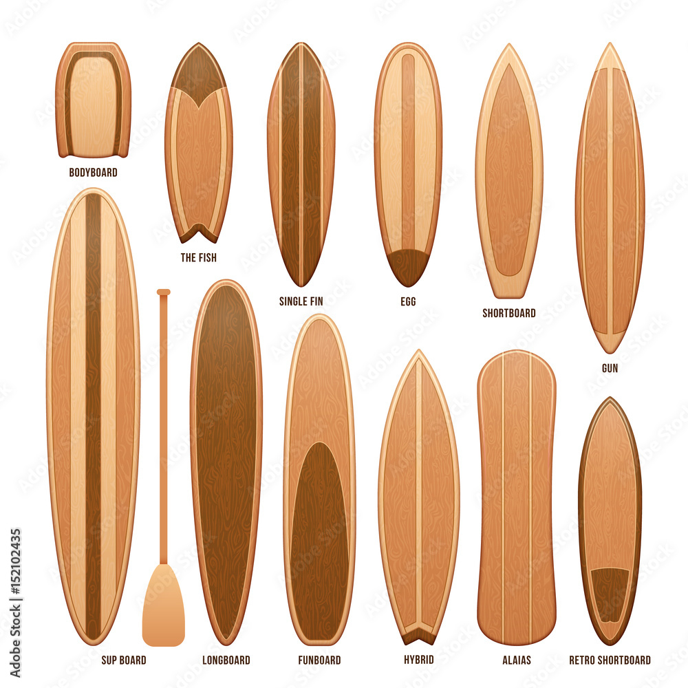 Wooden surfboards isolated on white vector illustration