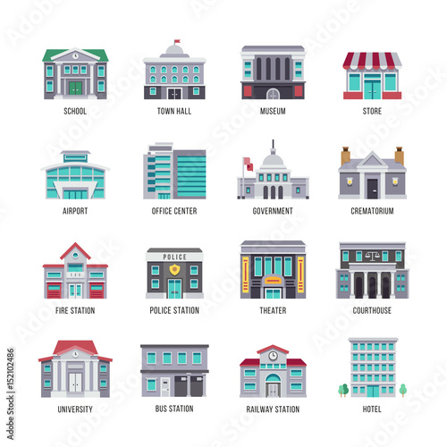 Government buildings vector flat icons set