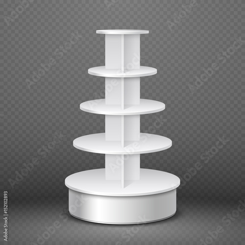 White blank products display, supermarket stand with round shelves vector template