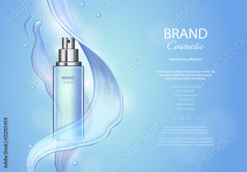 Vector poster with moisturizing cosmetic skin care premium product, spray bottle and watery texture on blue background