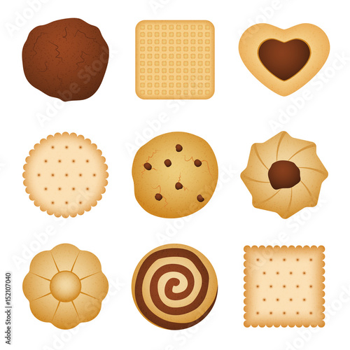 Different shapes of eating biscuit home made cookies, food for breakfast vector set