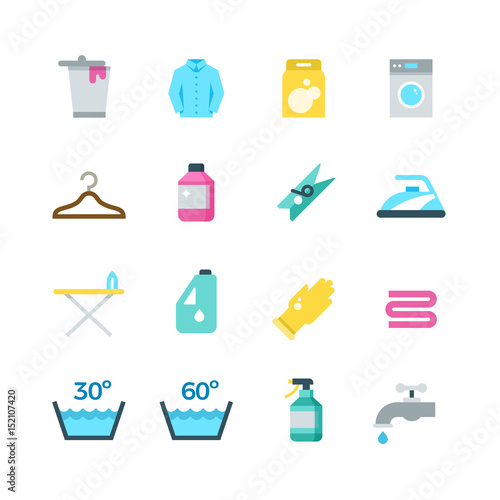 Household washing, drying and laundry vector flat icons