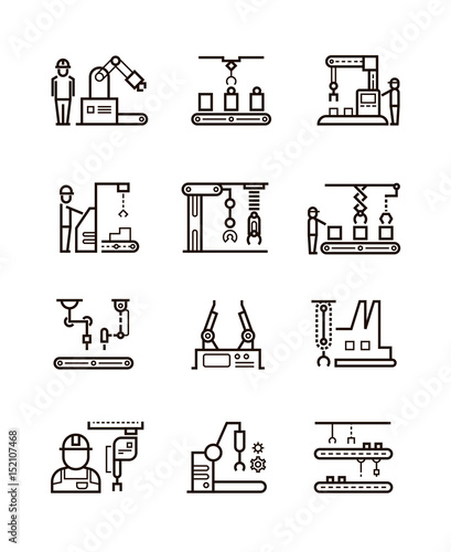Robotic manufacturing assembly lines and automatic conveyor with manipulators line vector icons