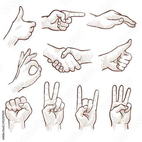 Hand drawing sketch man hands showing different gestures vector set