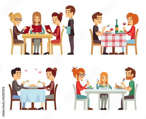 People in restaurant eating dinner vector flat concepts